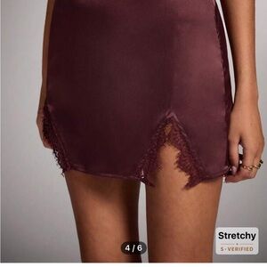 Burgundy Satin Mini Skirt with Lace Trim